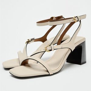 Zara Cream Strappy Block Heel Sandals with Gold Buckles
